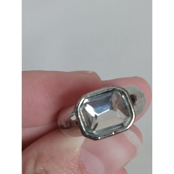 Silver Toned Rectangular Rhinestone Chunky Wide Band Heavyweight Fashion Ring - Picture 2 of 7